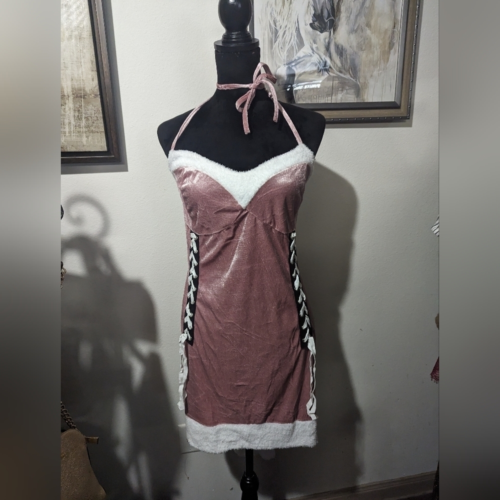 Velvet Faux Fur Panel Lace Up Trim Babydoll Halter Dress